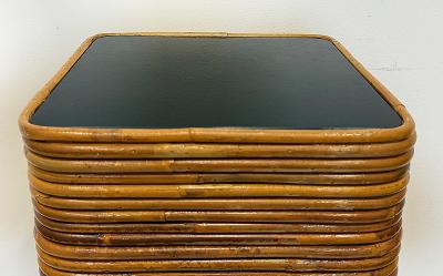 Tall Vintage Pencil Reed Rattan Pedestal with Black Glass