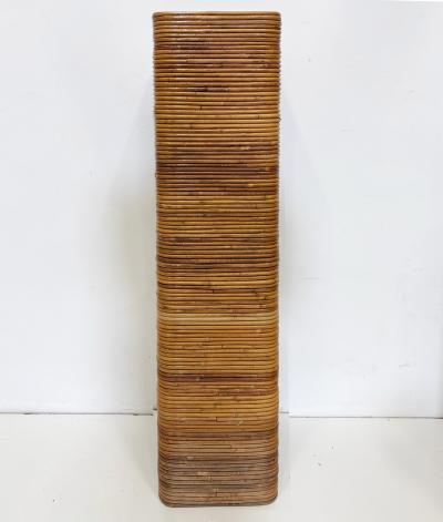 Tall Vintage Pencil Reed Rattan Pedestal with Black Glass