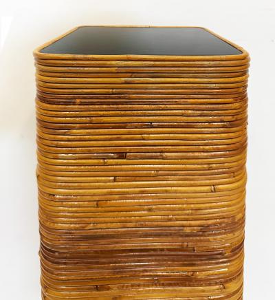 Tall Vintage Pencil Reed Rattan Pedestal with Black Glass