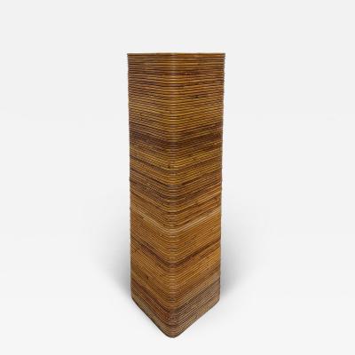 Tall Vintage Pencil Reed Rattan Pedestal with Black Glass