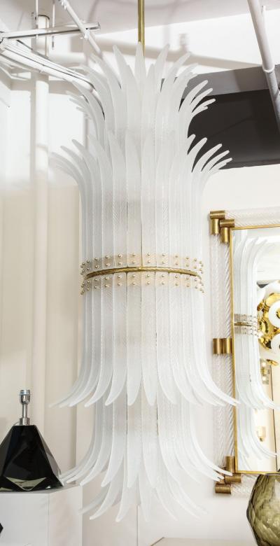 Tall White Frosted Murano Glass Piume or Feathers Chandelier with Brass Italy