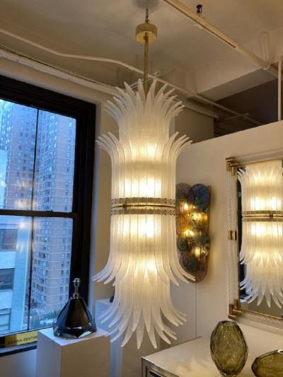 Tall White Frosted Murano Glass Piume or Feathers Chandelier with Brass Italy