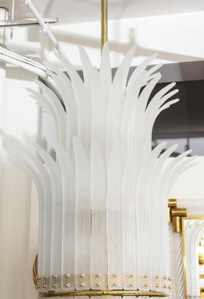 Tall White Frosted Murano Glass Piume or Feathers Chandelier with Brass Italy