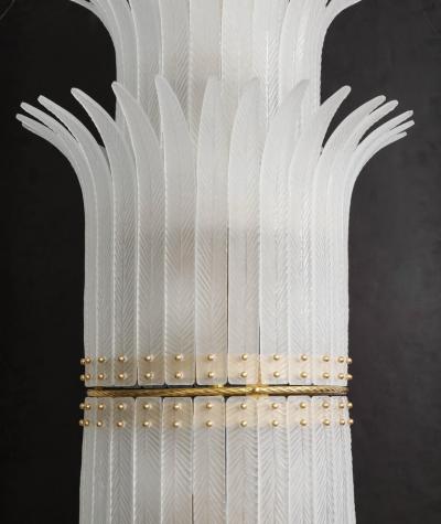 Tall White Frosted Murano Glass Piume or Feathers Chandelier with Brass Italy