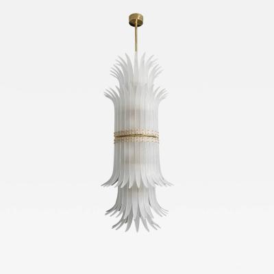 Tall White Frosted Murano Glass Piume or Feathers Chandelier with Brass Italy