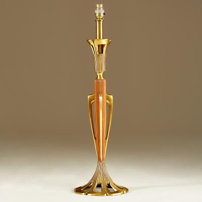 Tall pair of American wood and brass table lamps