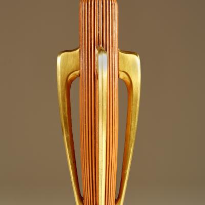 Tall pair of American wood and brass table lamps