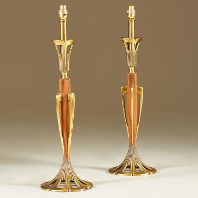 Tall pair of American wood and brass table lamps