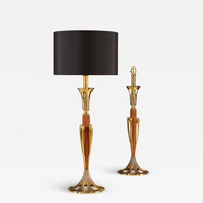 Tall pair of American wood and brass table lamps