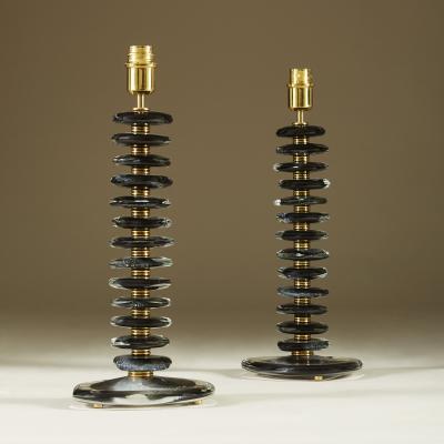 Tall pair of Italian Murano black glass Ripple lamps
