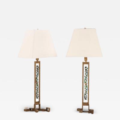 Tall pair of Italian bronze and enamel brutalist style table lamps C 1970 