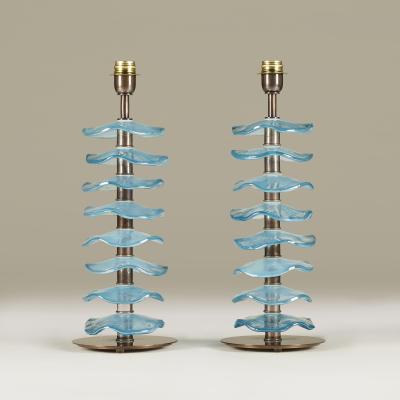 Tall pair of Murano aqua petal lamps