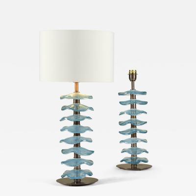 Tall pair of Murano aqua petal lamps