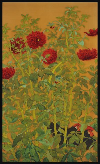 Tanaka Tessen Dahlias and Roosters Tanaka Tessen b 1890 Taisho period silk painting