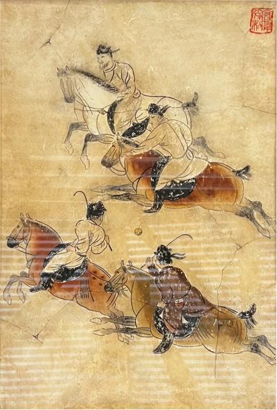 Tang Dynasty Polo Players Chinese Figurative Ink Wash Painting Handmade Paper