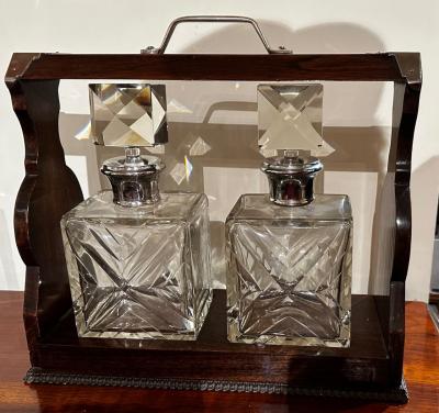 Tantalus Two Decanter Art Deco Set with Wood Holder