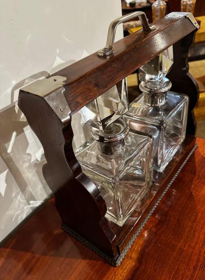 Tantalus Two Decanter Art Deco Set with Wood Holder