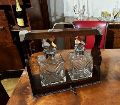 Tantalus Two Decanter Art Deco Set with Wood Holder