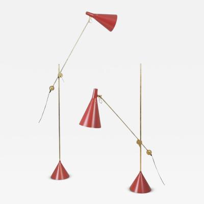 Tapio Wirkkala Pair of Tapio Wirkkala Adjustable Floor Lamps Model K10 11 in Red Idman 1950s