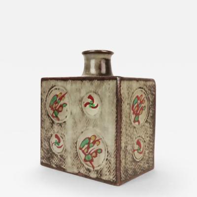 Tatsuzo Shimaoka Jomon Zogan Square Flask with Rope Imprint and Geometric Inlay Motif