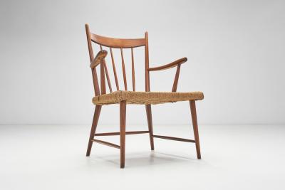 Teak Slatback Chair with Woven Danish Cord Seat Denmark ca 1960s