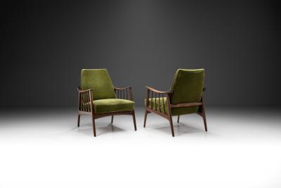 Teak Upholstered Armchairs with Slat Armrests Denmark 1960s