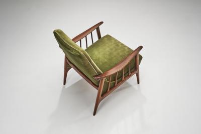 Teak Upholstered Armchairs with Slat Armrests Denmark 1960s