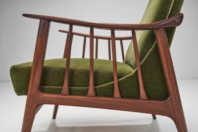 Teak Upholstered Armchairs with Slat Armrests Denmark 1960s