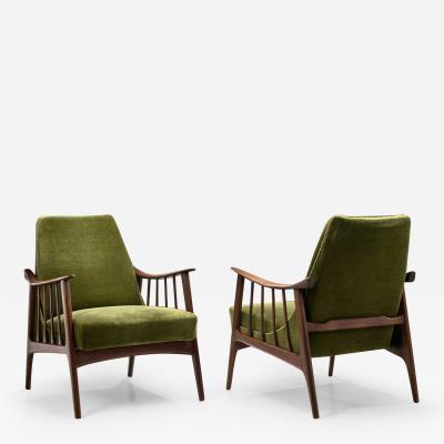Teak Upholstered Armchairs with Slat Armrests Denmark 1960s