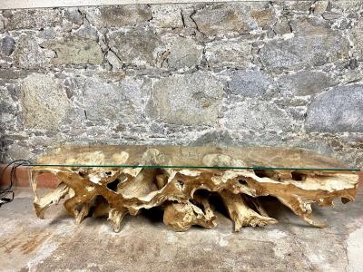 Teak Wood Root Console Lowboard with Safety Glass Top Organic Modern 2021