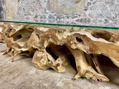 Teak Wood Root Console Lowboard with Safety Glass Top Organic Modern 2021