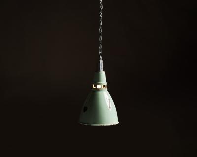 Teal Enameled Aluminum Industrial Pendant Light by Thorlux England c 1950