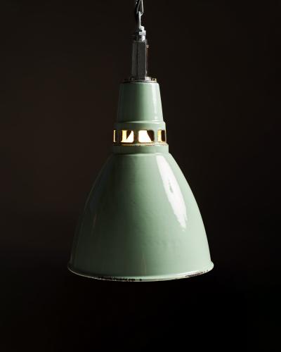 Teal Enameled Aluminum Industrial Pendant Light by Thorlux England c 1950