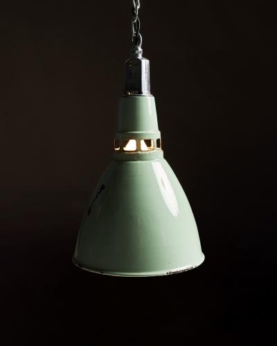 Teal Enameled Aluminum Industrial Pendant Light by Thorlux England c 1950