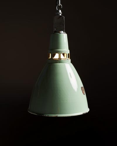 Teal Enameled Aluminum Industrial Pendant Light by Thorlux England c 1950