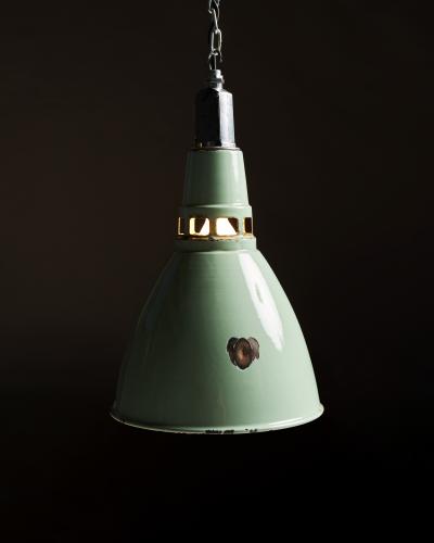 Teal Enameled Aluminum Industrial Pendant Light by Thorlux England c 1950