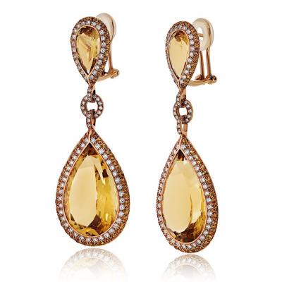 Tear Drop 18K Yellow Gold Citrine and Fancy Diamond Drop Earrings