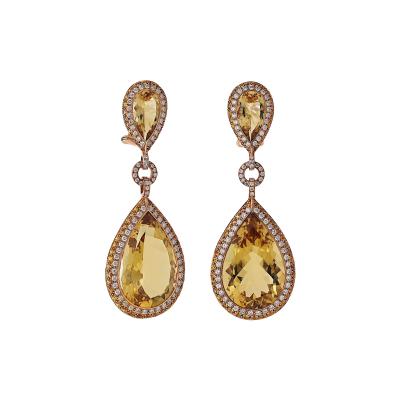 Tear Drop 18K Yellow Gold Citrine and Fancy Diamond Drop Earrings