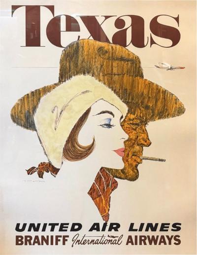 Ted Coconis Texas United Air Lines Braniff International Airways Vintage Travel Poster
