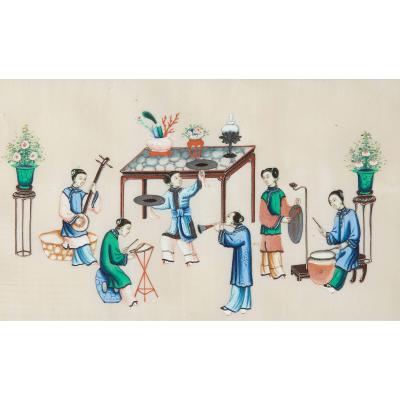 Ten framed 19th century Chinese pith paintings of courtly entertainment