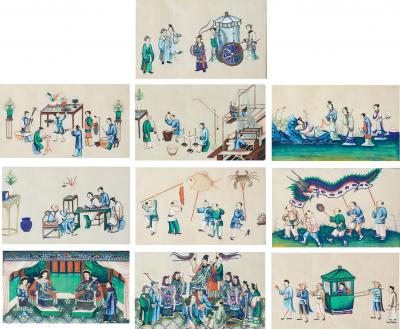 Ten framed 19th century Chinese pith paintings of courtly entertainment