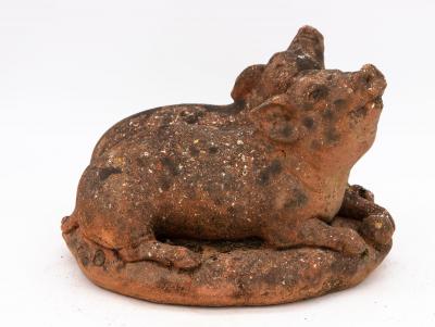 Terracotta Garden Ornament of Two Pigs with Apples French Mid 20th C 