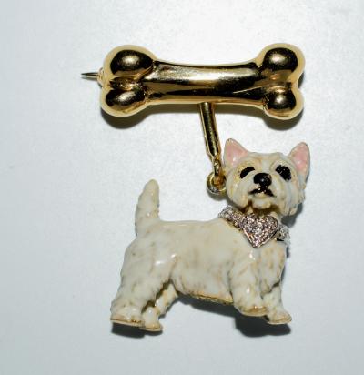 Terrier Dog Bone Gold Enamel Brooch