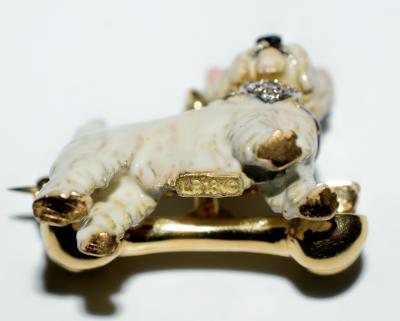 Terrier Dog Bone Gold Enamel Brooch