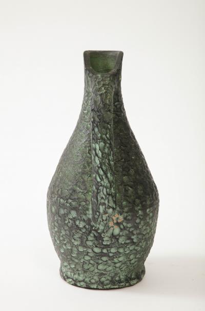 Textured Green Glazed Terracotta Vase Pitcher Spain 20th C 