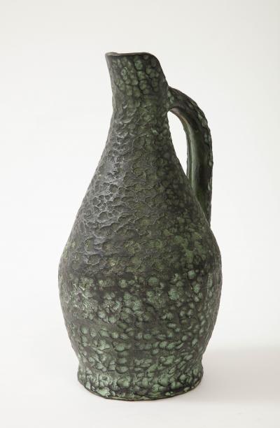 Textured Green Glazed Terracotta Vase Pitcher Spain 20th C 
