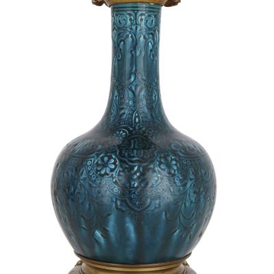 Th odore Deck Pair of gilt bronze and faience lamps attributed to Th odore Deck