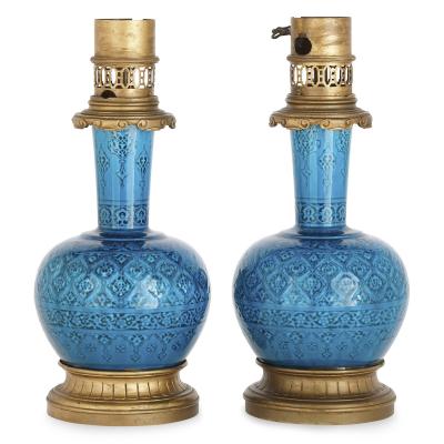 Th odore Deck Pair of gilt bronze mounted faience lamps by Deck