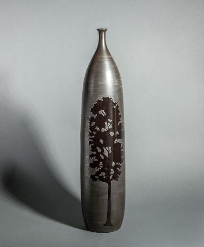 Thai Ceramic Tall Vase with Tree Design