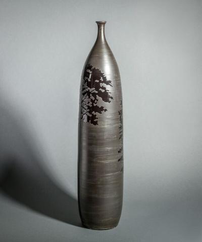 Thai Ceramic Tall Vase with Tree Design